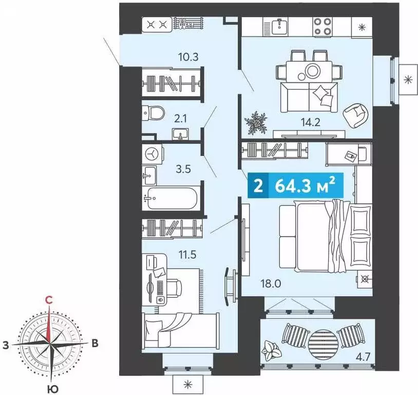 2-комнатная квартира: Засечное, Прибрежный бульвар, 5 (64.3 м) - Фото 1