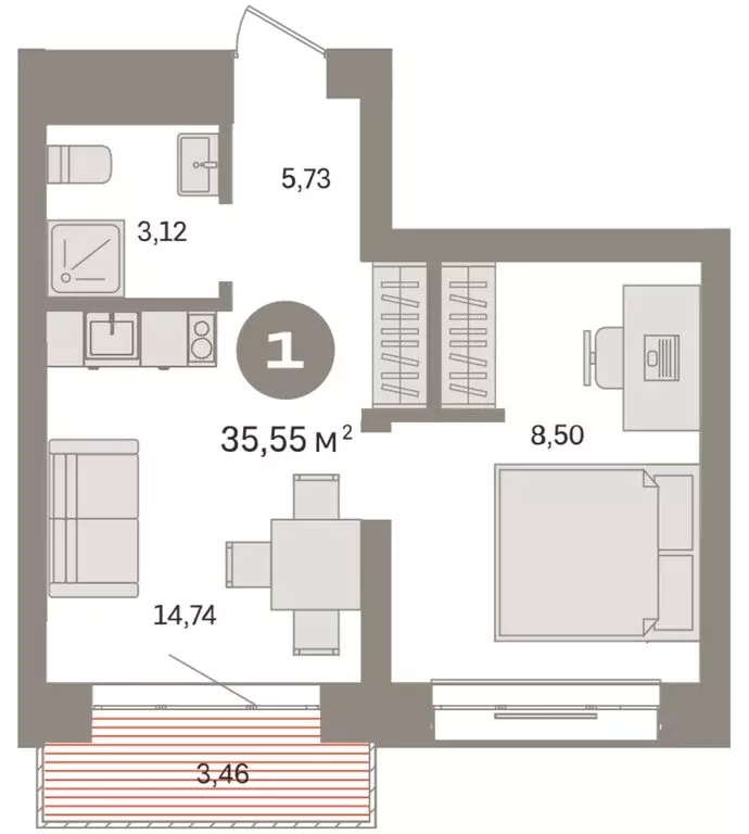 1-комнатная квартира: Тюмень, Причальная улица, 7 (35.55 м) - Фото 1