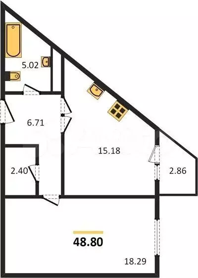 1-к. квартира, 48,8 м, 6/6 эт. - Фото 1