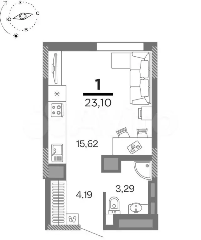 1-к. квартира, 23,1м, 12/16эт. - Фото 1