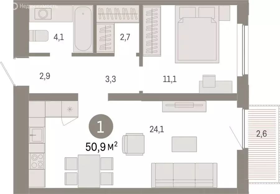 1-комнатная квартира: Тюмень, Мысовская улица, 26к2 (50.87 м) - Фото 1