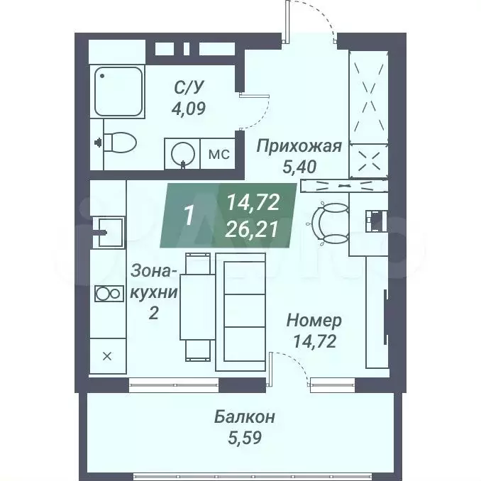 Апартаменты-студия, 26,2 м, 4/23 эт. - Фото 0