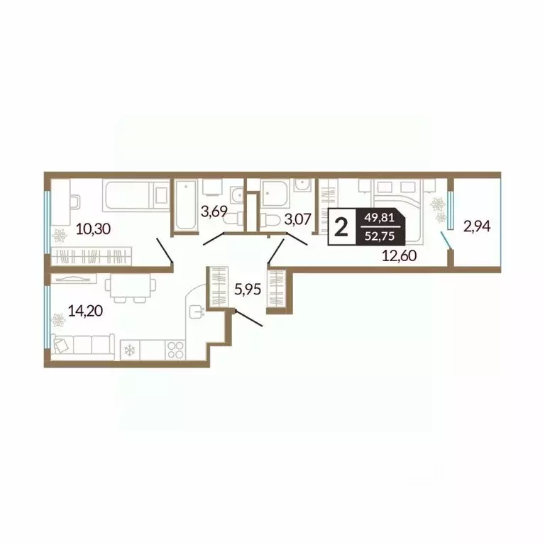 2-к кв. Тюменская область, Тюменский район, д. Дударева  (52.79 м) - Фото 0