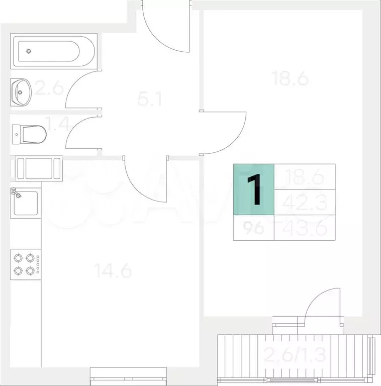 1-к. квартира, 43,6 м, 9/9 эт. - Фото 1