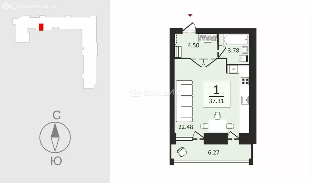 Квартира-студия: Владимир, микрорайон Коммунар, Центральная улица, 18 ... - Фото 1