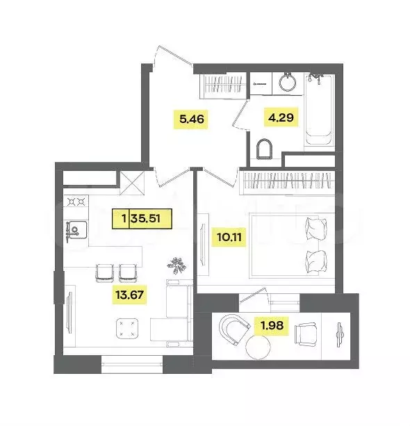 2-к. квартира, 35,5 м, 4/9 эт. - Фото 0