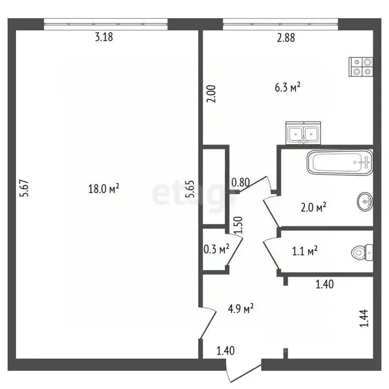 1-к кв. Санкт-Петербург ул. Сикейроса, 7К1 (32.6 м) - Фото 1