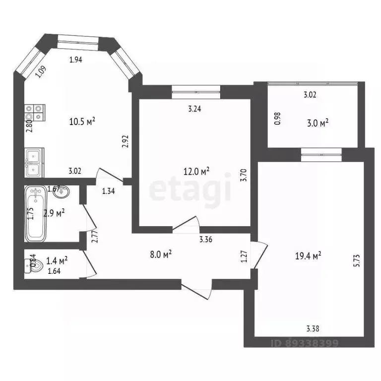 2-к кв. Башкортостан, Бирск ул. Гагарина, 87А (54.2 м) - Фото 2