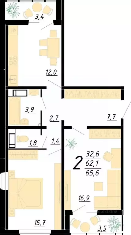 2-к кв. Воронежская область, Воронеж ул. Пескова, 8 (65.5 м) - Фото 1