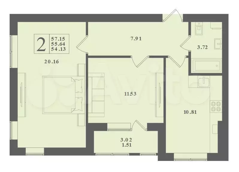 2-к. квартира, 57,2 м, 3/4 эт. - Фото 1
