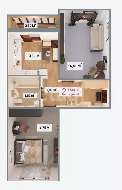 2-к кв. Тверская область, Тверь бул. Гусева, 57 (60.5 м) - Фото 2