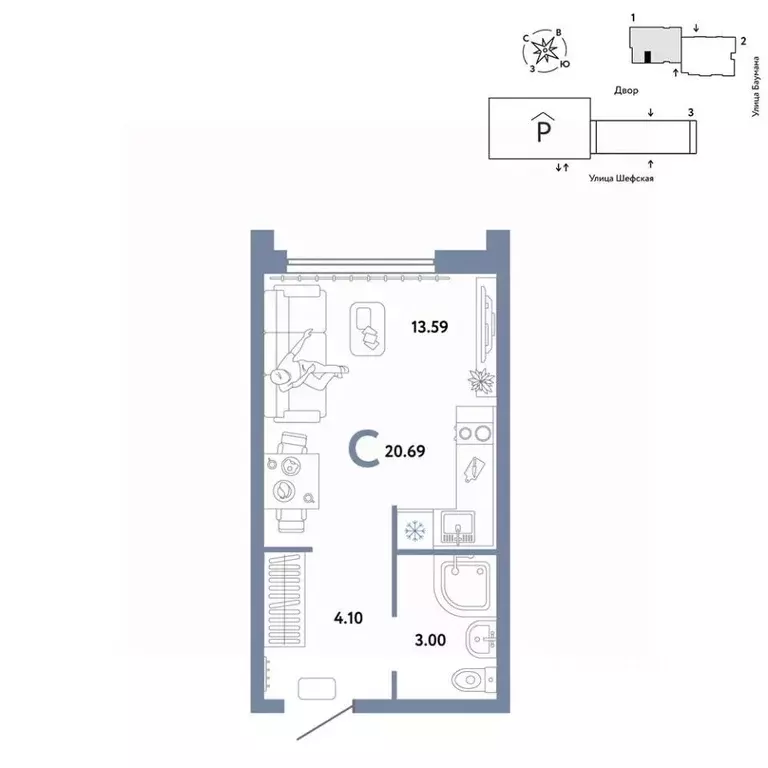 Студия Свердловская область, Екатеринбург ул. Шефская, 22А (20.69 м) - Фото 1
