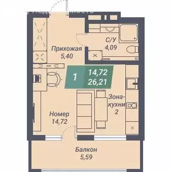 Квартира-студия: Новосибирск, улица Даргомыжского, 8 (26.21 м) - Фото 1