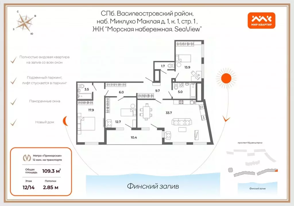 3-к кв. Санкт-Петербург наб. Миклухо-Маклая, 1к1 (104.1 м) - Фото 1