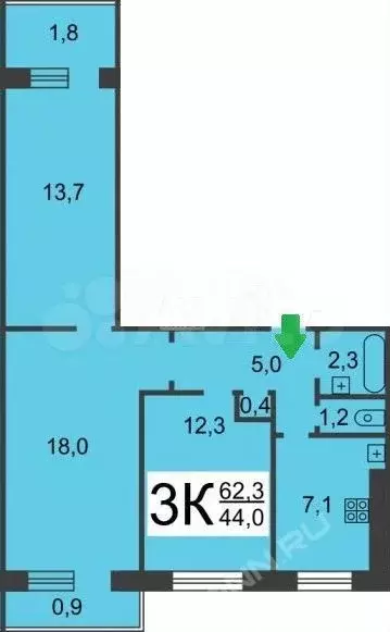 3-к. квартира, 63,3 м, 3/9 эт. - Фото 0