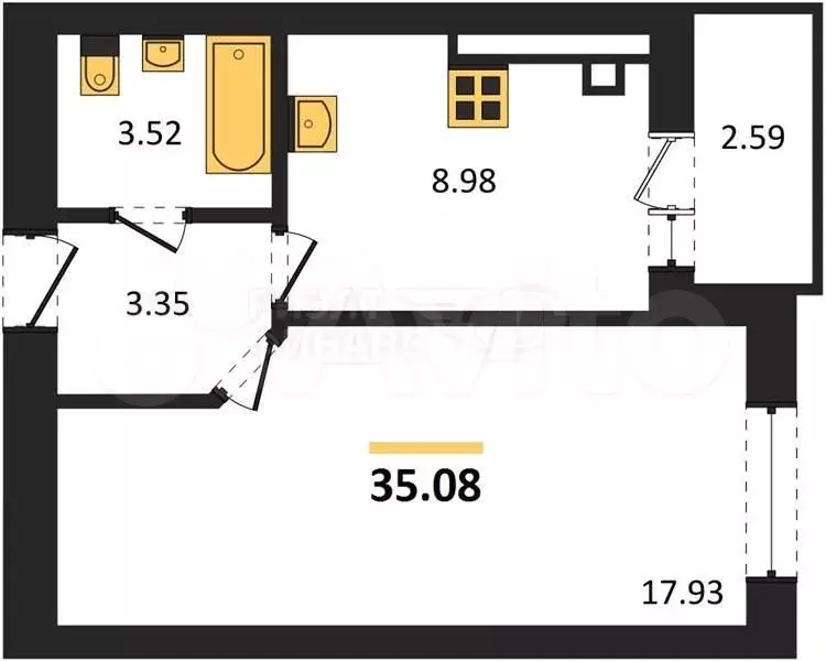 1-к. квартира, 35,1 м, 9/9 эт. - Фото 1