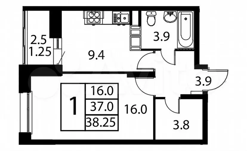 1-к. квартира, 38,3м, 10/12эт. - Фото 0