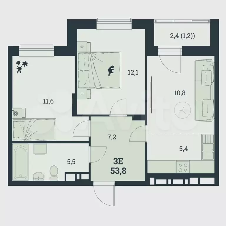 3-к. квартира, 53,8 м, 8/8 эт. - Фото 0