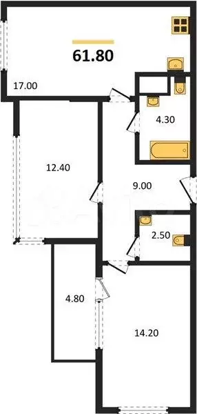 2-к. квартира, 61,8 м, 2/4 эт. - Фото 1