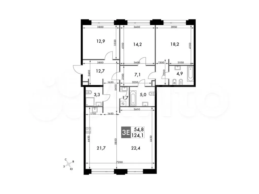 3-к. квартира, 124,1м, 6/8эт. - Фото 0