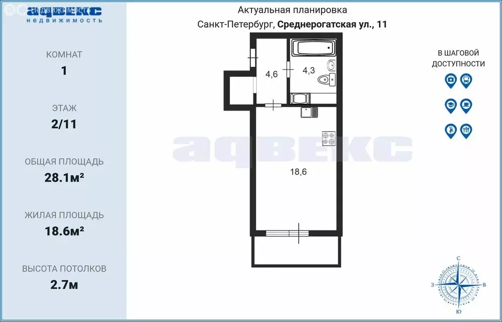 Квартира-студия: Санкт-Петербург, Среднерогатская улица, 11 (28.1 м) - Фото 1