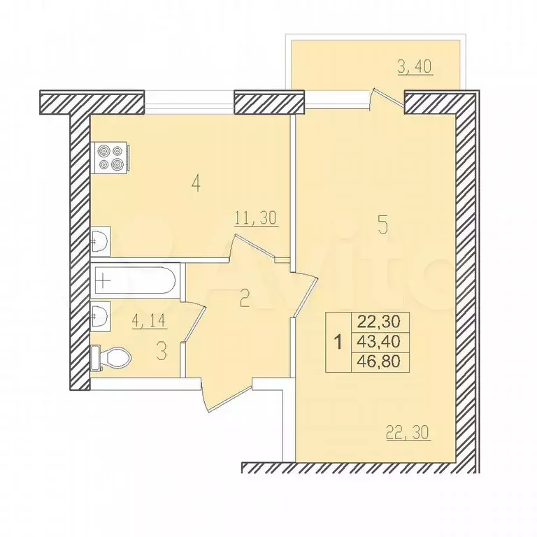 1-к. квартира, 44,4 м, 1/3 эт. - Фото 0