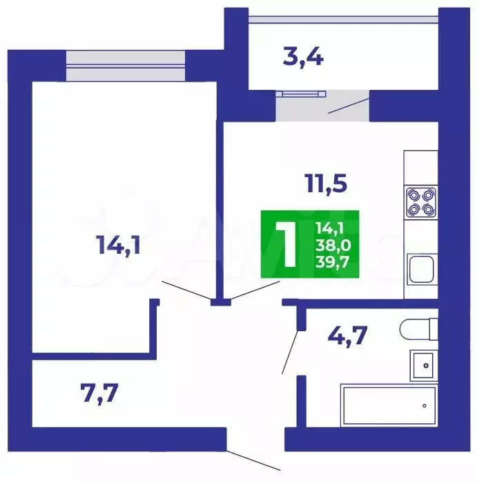 1-к. квартира, 39,7м, 6/9эт. - Фото 0