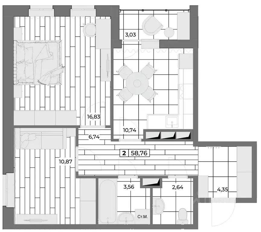 2-к кв. Орловская область, Орел Мясокомбинат мкр,  (57.25 м) - Фото 0