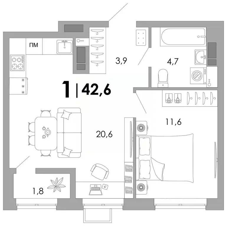 1-к кв. Владимирская область, Владимир Уно жилой комплекс (42.6 м) - Фото 1