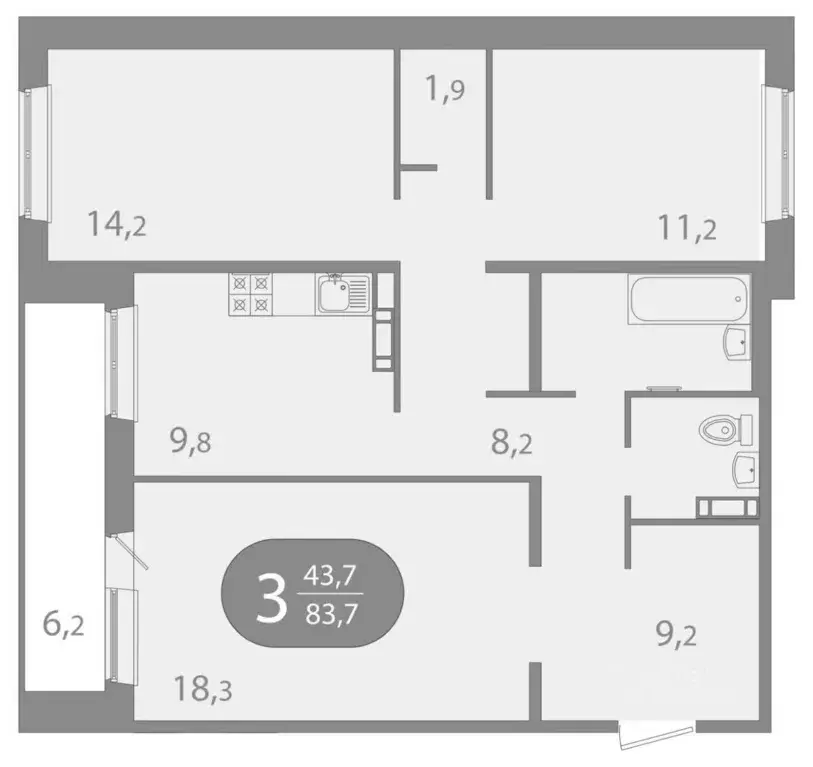 3-к кв. Томская область, Томск ул. Пришвина, 43 (83.77 м) - Фото 1