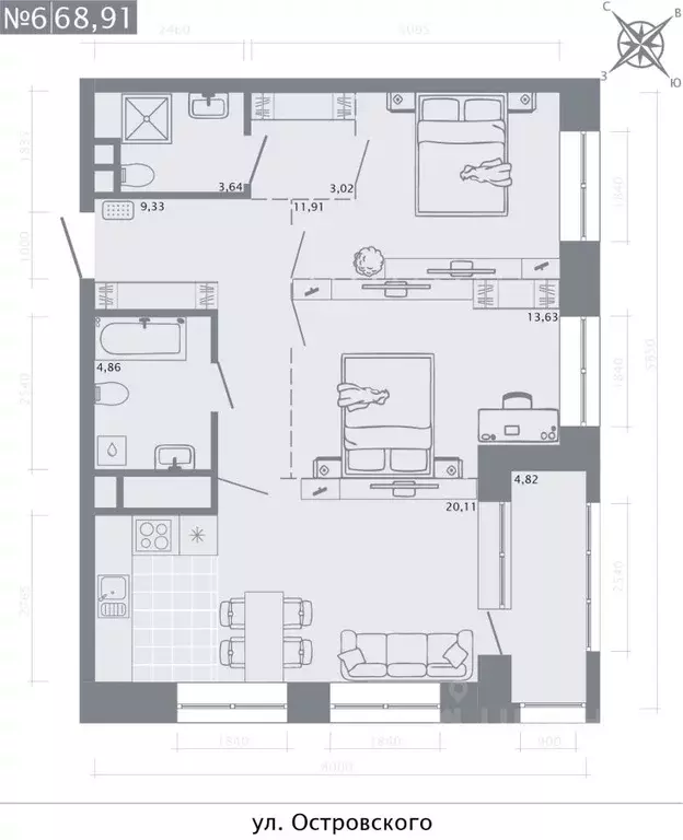 2-к кв. Татарстан, Казань Кастура Таун жилой комплекс (68.91 м) - Фото 0