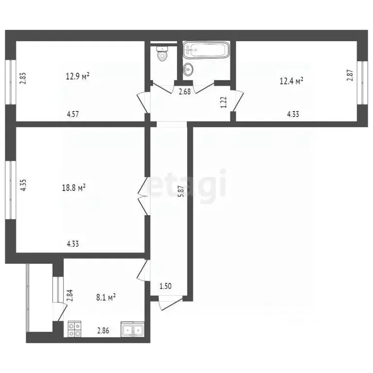 3-к кв. Тюменская область, Тюмень ул. Муравленко, 35 (69.0 м) - Фото 2