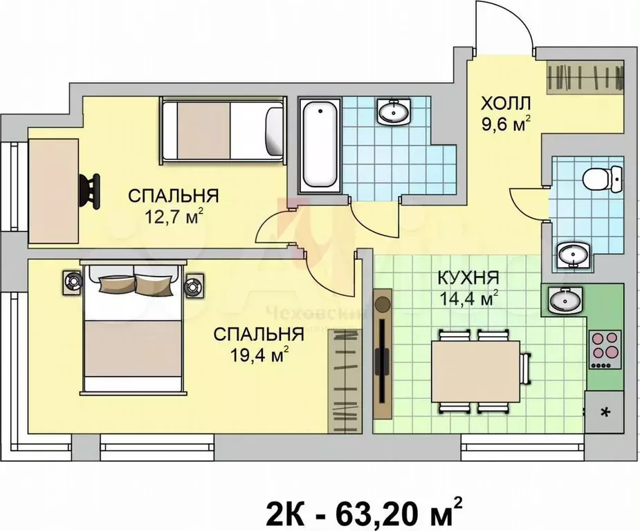 2-к. квартира, 63,2 м, 8/8 эт. - Фото 0