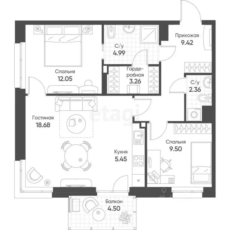 3-к кв. Татарстан, Казань ул. Гаврилова, 7к1 (68.6 м) - Фото 1