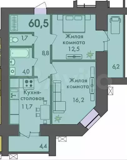 2-к. квартира, 60,5 м, 12/12 эт. - Фото 0