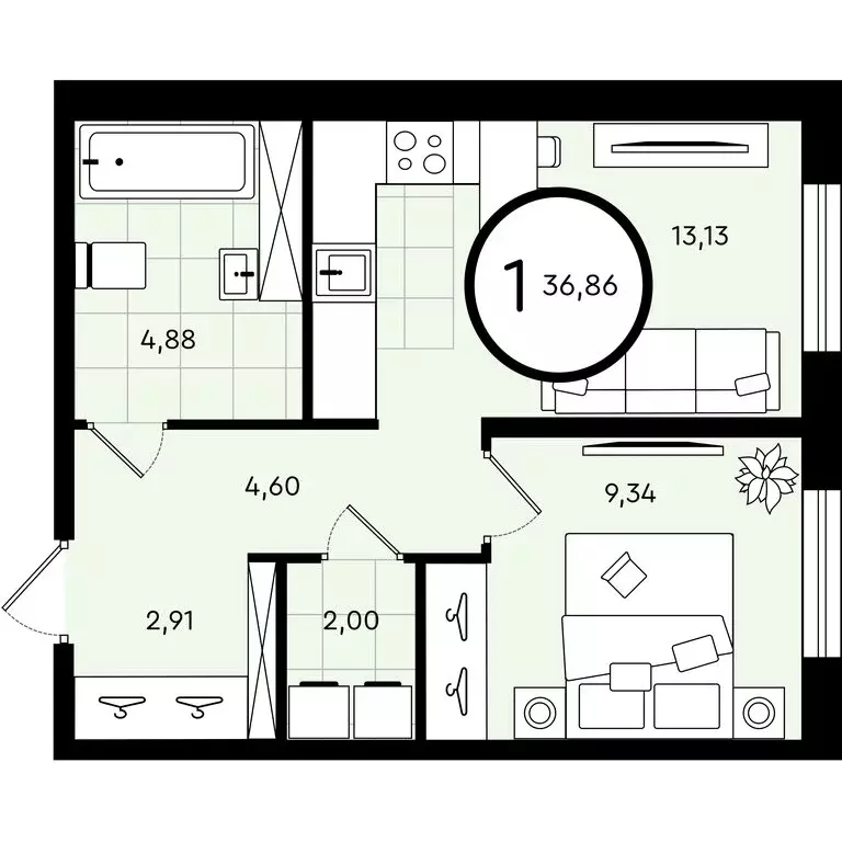 1-комнатная квартира: Тюмень, улица Александра Звягина, 4 (36.86 м) - Фото 1