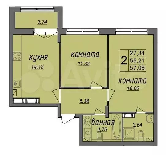 2-к. квартира, 57,1 м, 7/9 эт. - Фото 1