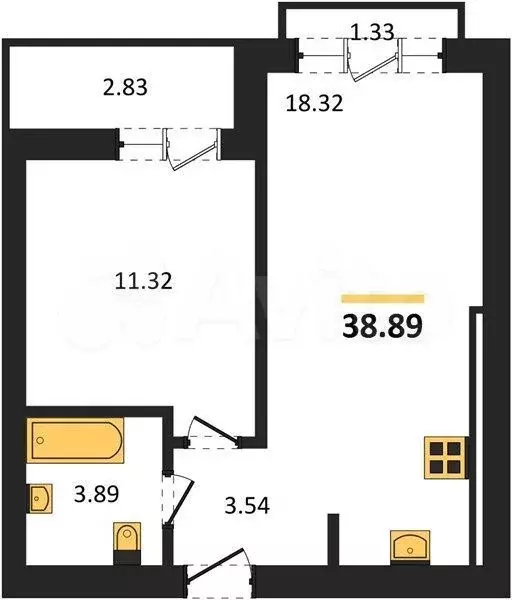 1-к. квартира, 38,9 м, 9/9 эт. - Фото 1