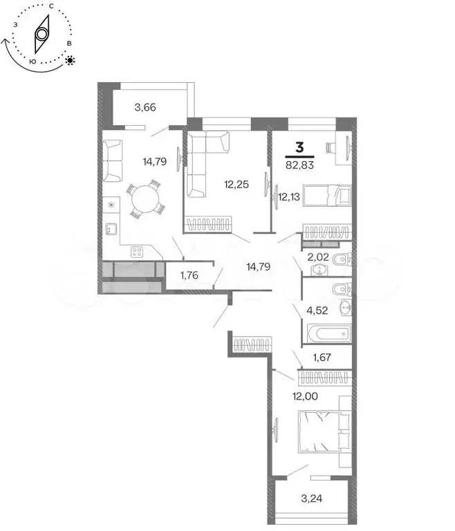 3-к. квартира, 79,4 м, 13/15 эт. - Фото 1