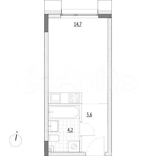 Апартаменты-студия, 22,5м, 2/7эт. - Фото 1