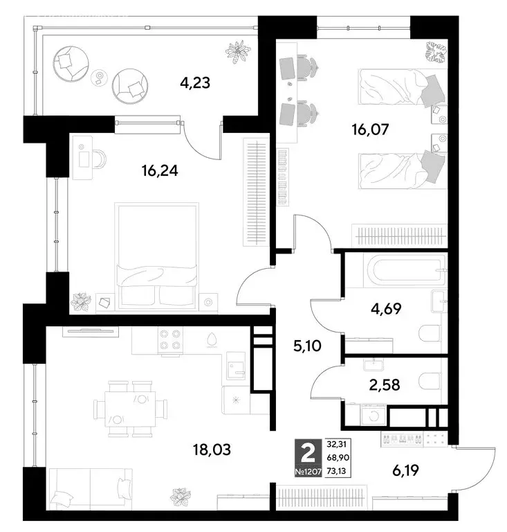 2-комнатная квартира: Омск, жилой район Снегири (73.13 м) - Фото 0