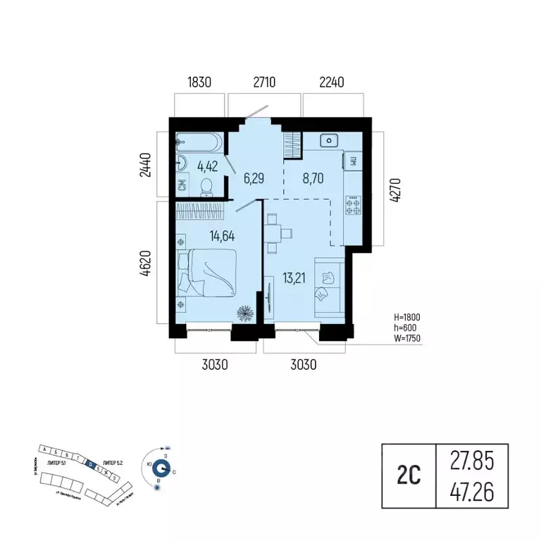 2-к кв. Башкортостан, Уфа Глумилино-1 мкр, Новатор жилой комплекс ... - Фото 1