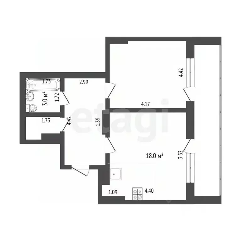 1-к кв. Тюменская область, Тюмень ул. Николая Зелинского, 1 (48.1 м) - Фото 2