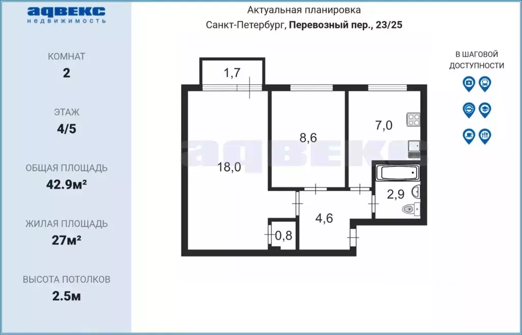 2-к кв. Санкт-Петербург Перевозный пер., 23/25 (42.9 м) - Фото 1