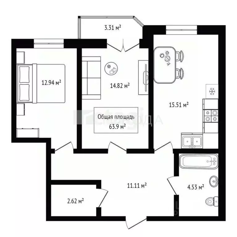 2-к кв. Новосибирская область, Новосибирск ул. Державина, 47 (63.9 м) - Фото 1