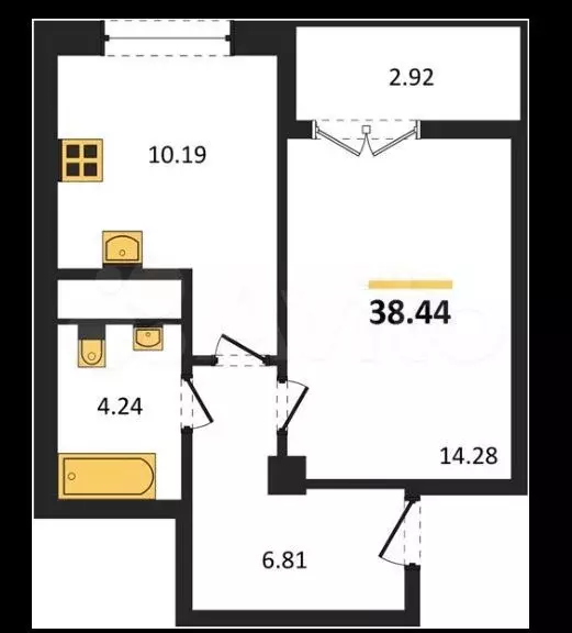 1-к. квартира, 38,4 м, 2/9 эт. - Фото 1