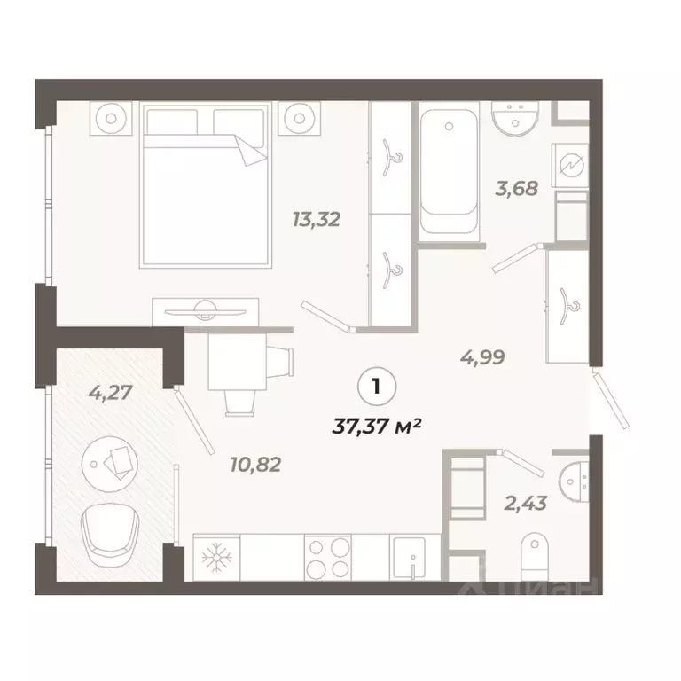 1-к кв. Санкт-Петербург ул. Коли Томчака, 21Д (37.37 м) - Фото 1