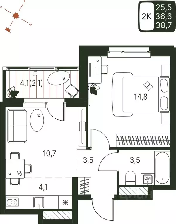 Студия Пермский край, Пермь ул. Серебристая, 1 (38.7 м) - Фото 1