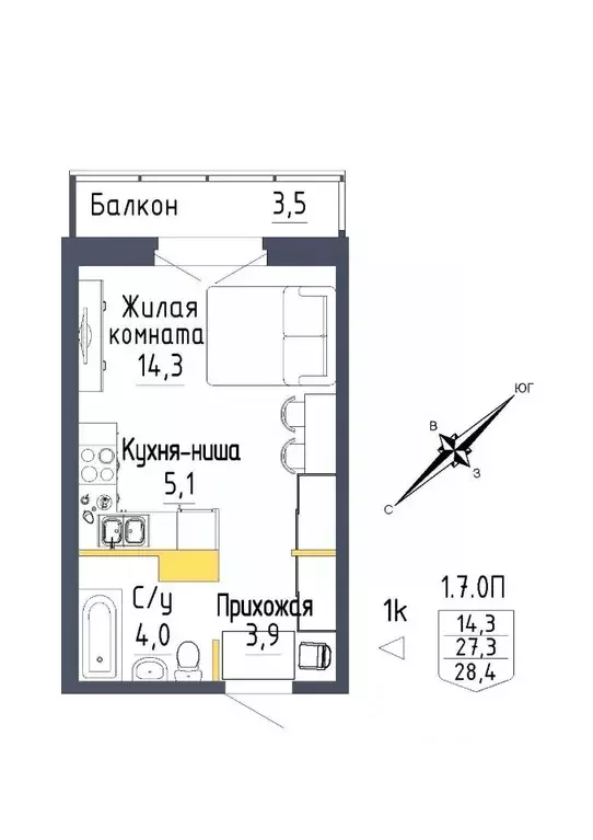 1-к кв. Свердловская область, Екатеринбург ул. Тюльпановая, 12 (28.4 ... - Фото 0