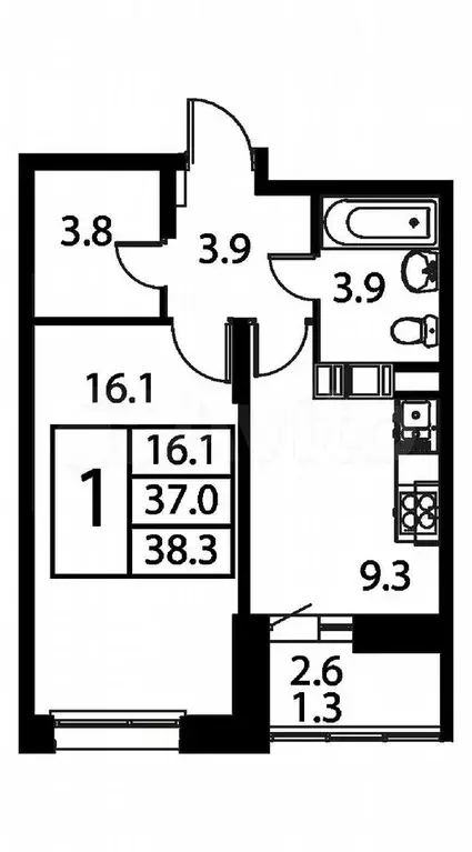 1-к. квартира, 38,3 м, 11/12 эт. - Фото 0